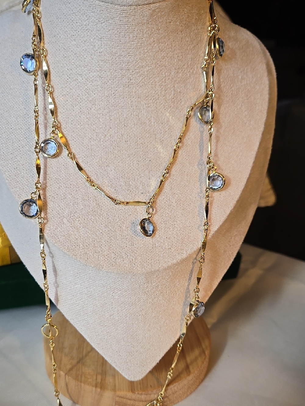 Gold Tone Blue Crystal Station Long Necklace - Women Jewelry